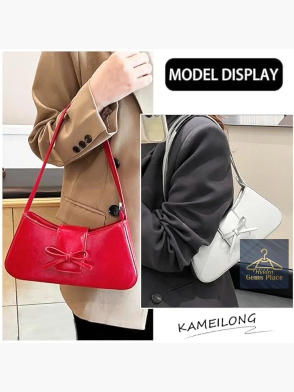 Patent Leather Hobo Shoulder Bag Y2K Bow Purse Clutch Crossbody